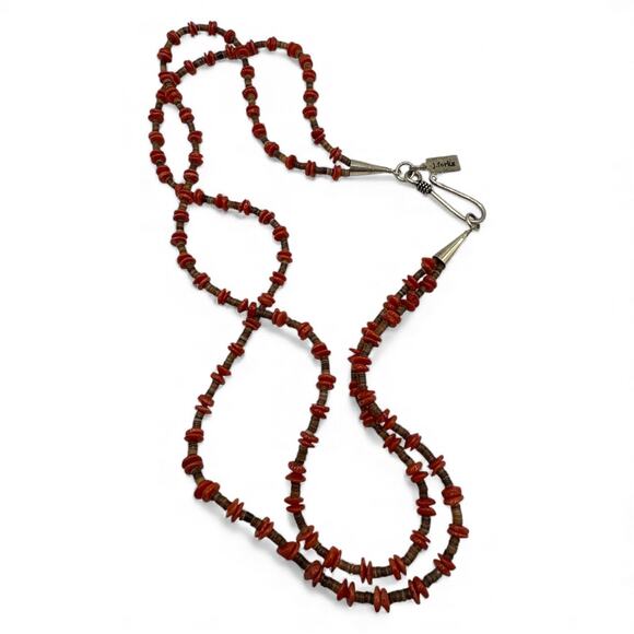 J. Forks Small Nugget Red Coral and Brown Pin Shell Double-strand Necklace 18” - Picture 2 of 4